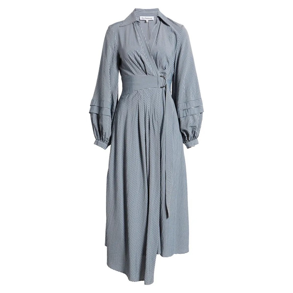 En Saison Blue Striped Wrap Midi Dress with Pleated Sleeves and D-Ring Belt XS